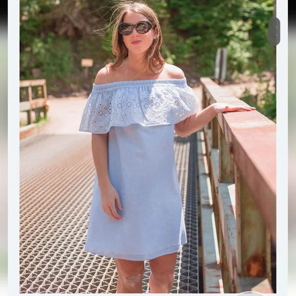 loft eyelet off the shoulder dress Dana White Eyelet Off-Shoulder Halter Dress - Size L - Cotton Candy LA - Sweetheart Neckline with Puffy Sleeves